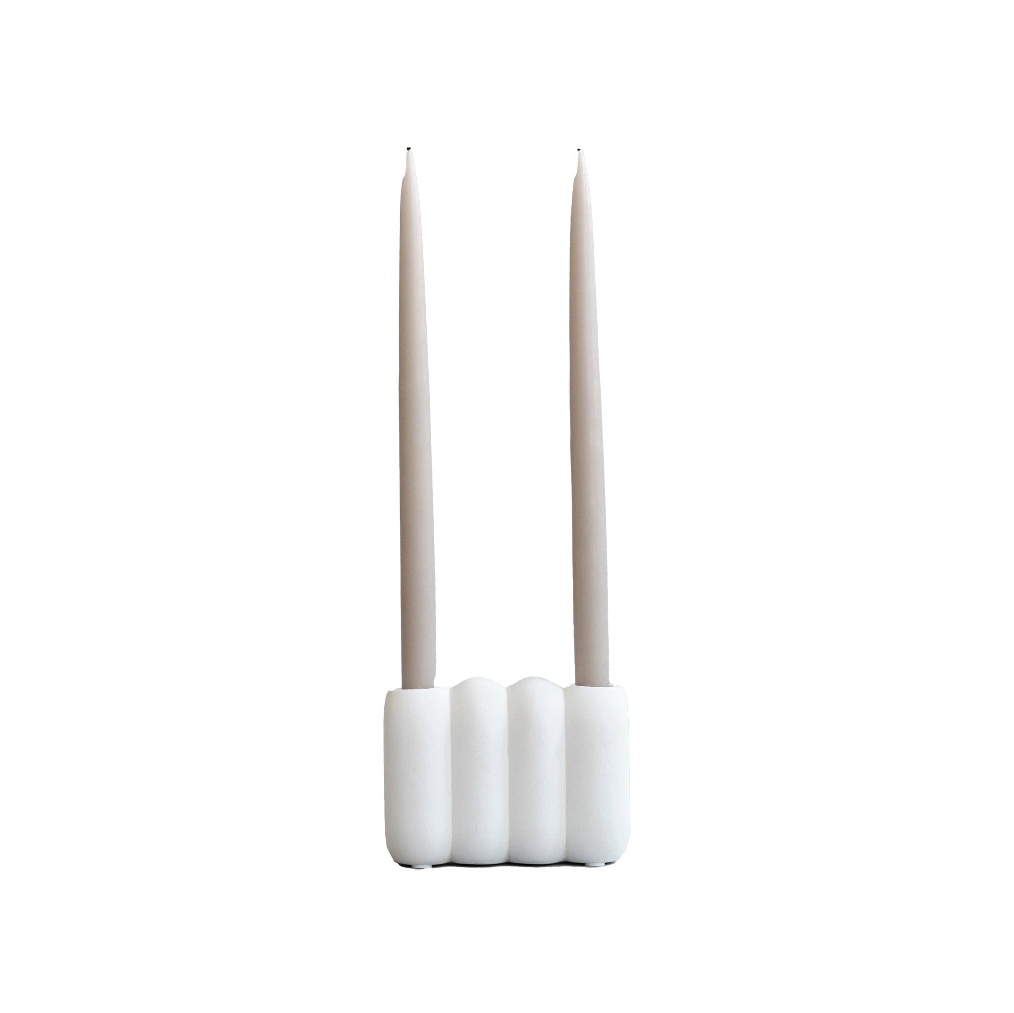 101 Copenhagen Tube Candleholder Mini in bone white hand-glazed ceramic with sculptural lamella design, holds two candles.
