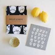 Badger & Burke Many Cats Swedish Dishcloth in black and white cat pattern, reusable and compostable.