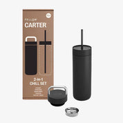 Fellow Carter 2-in-1 Chill Set in matte black, 16 oz insulated tumbler with straw lid and ceramic interior, gift-boxed.