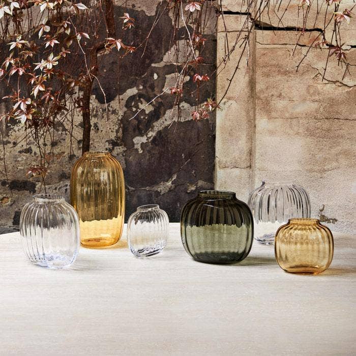 Medium Danish Holmegaard Primula Oval Vase by Jacob E. Bang, 6.9-inch mouth-blown glass with fluted pattern in Smoke.