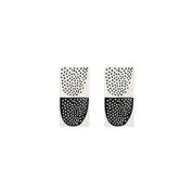 Kauniste Sokeri Big Earrings in black and white polka-dot birch veneer, handmade in Finland.