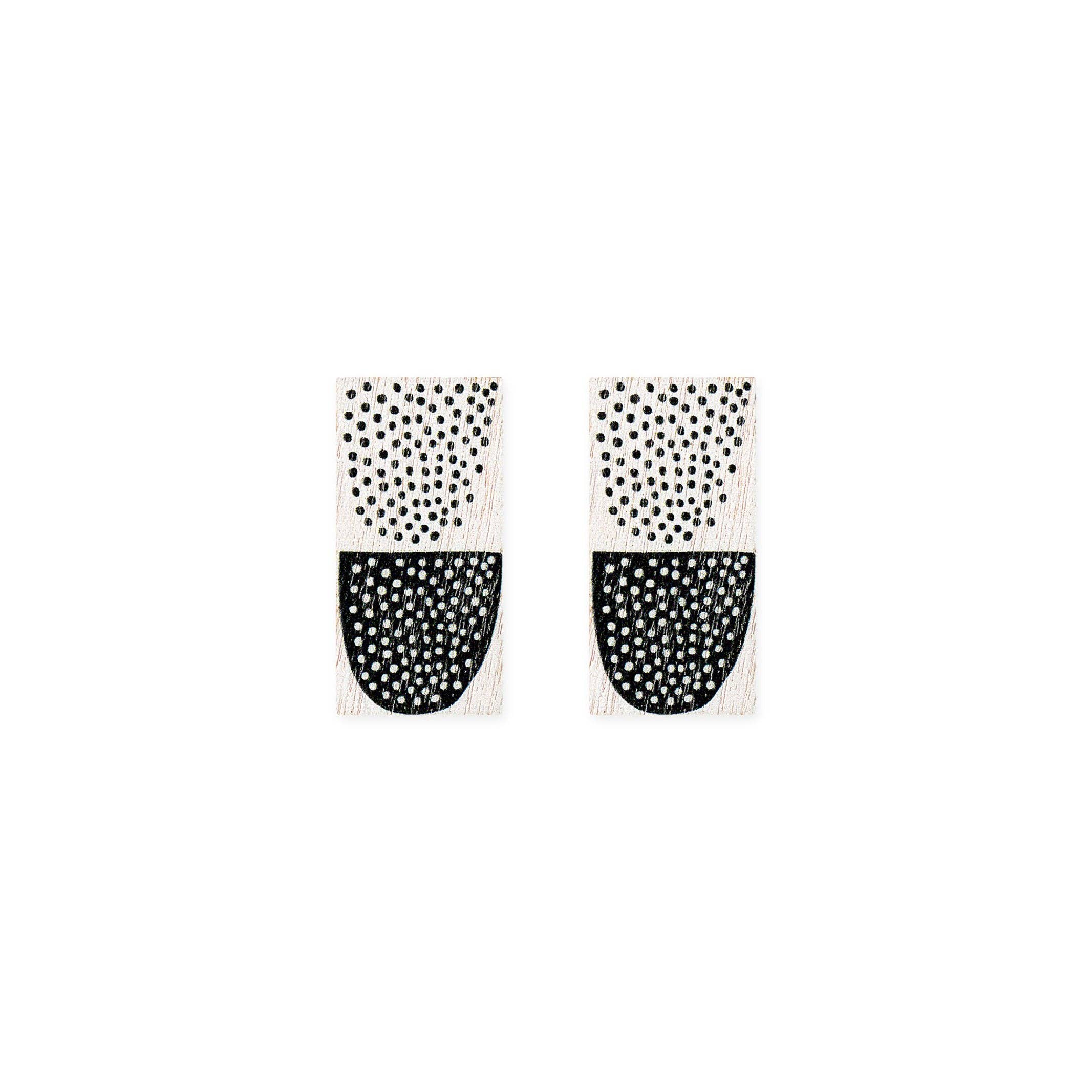 Kauniste Sokeri Big Earrings in black and white polka-dot birch veneer, handmade in Finland.