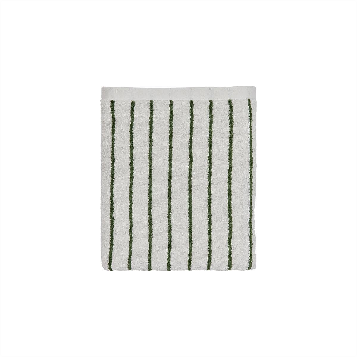 OYOY Raita Mini Towel in green/offwhite stripes, organic cotton hand towel for bathroom, kitchen, or guest use.