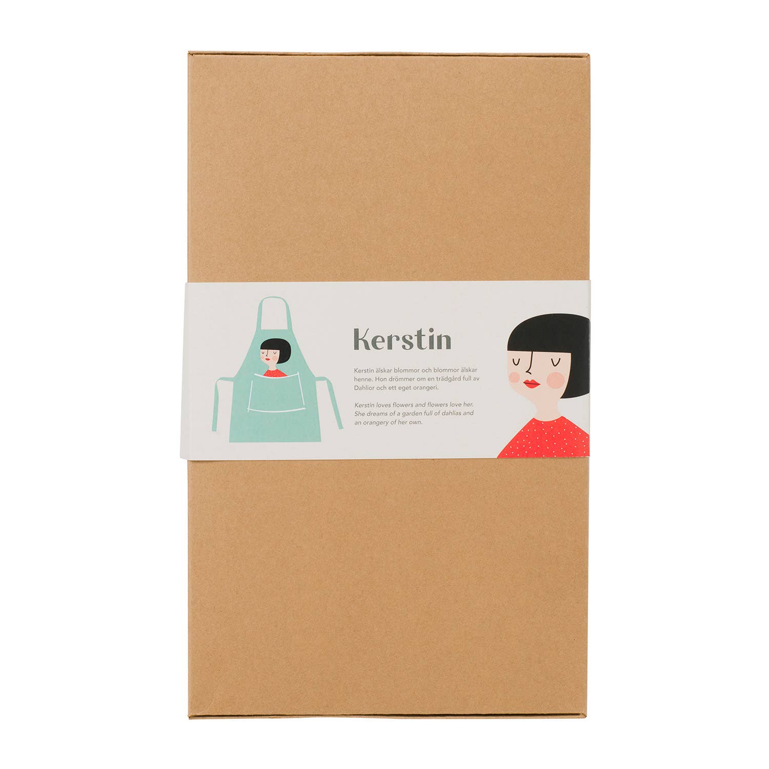 Kerstin Kompisförkläde Apron by Spira of Sweden. Hand-printed cotton apron featuring Kerstin, the dahlia-dreaming flower lover. Gift-boxed, machine washable, OEKO-TEX® certified, 29.5" × 32.5", made in Sweden.