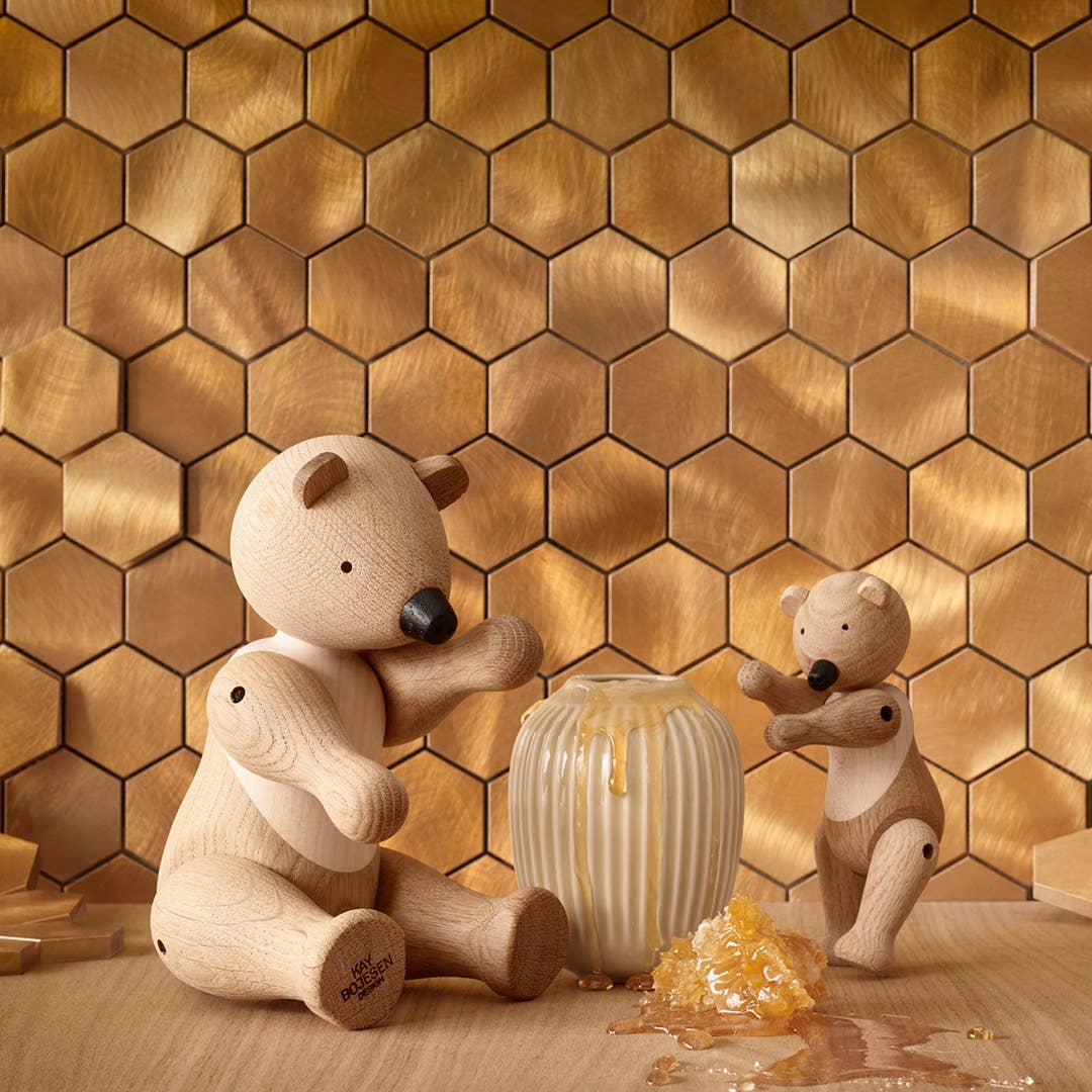 Kay Bojesen Bear Medium, 9.8-inch oak and maple wooden figure with articulating limbs, FSC-certified wood, Danish design icon.