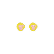 Kauniste Orvokki Earrings in yellow and pink floral birch veneer, handmade in Finland with stainless steel posts.