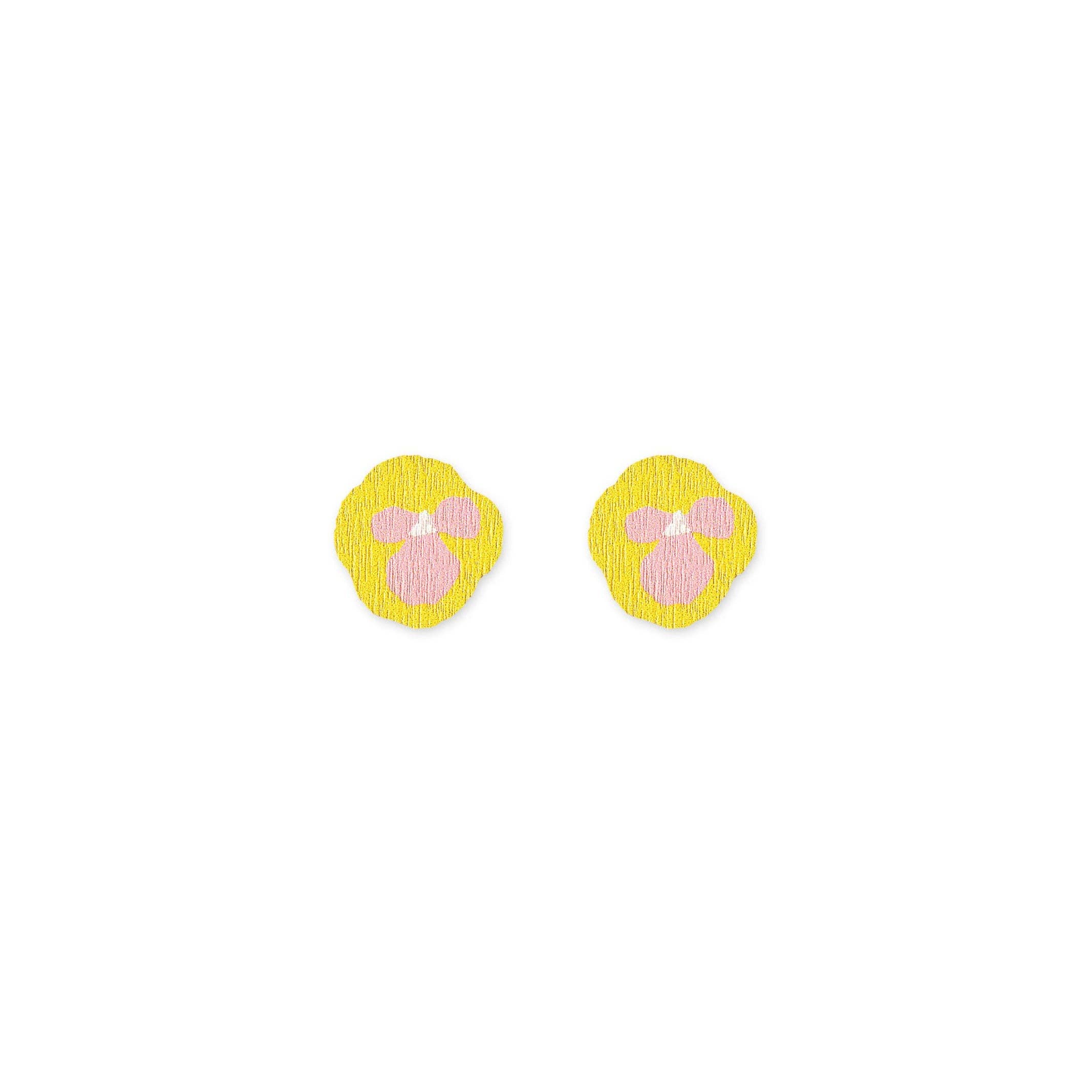 Kauniste Orvokki Earrings in yellow and pink floral birch veneer, handmade in Finland with stainless steel posts.