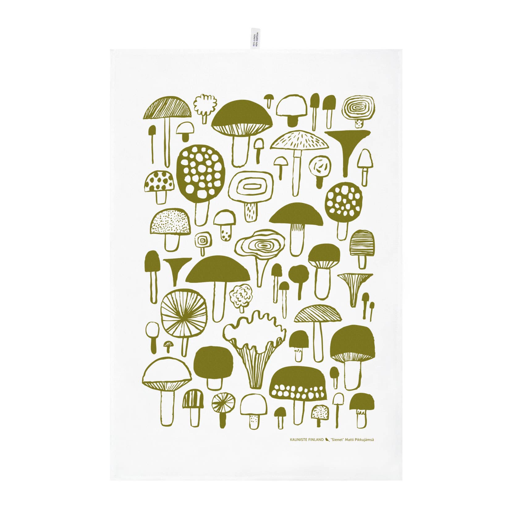 Moss green mushroom-pattern linen-cotton kitchen towel by Matti Pikkujämsä.