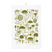 Moss green mushroom-pattern linen-cotton kitchen towel by Matti Pikkujämsä.