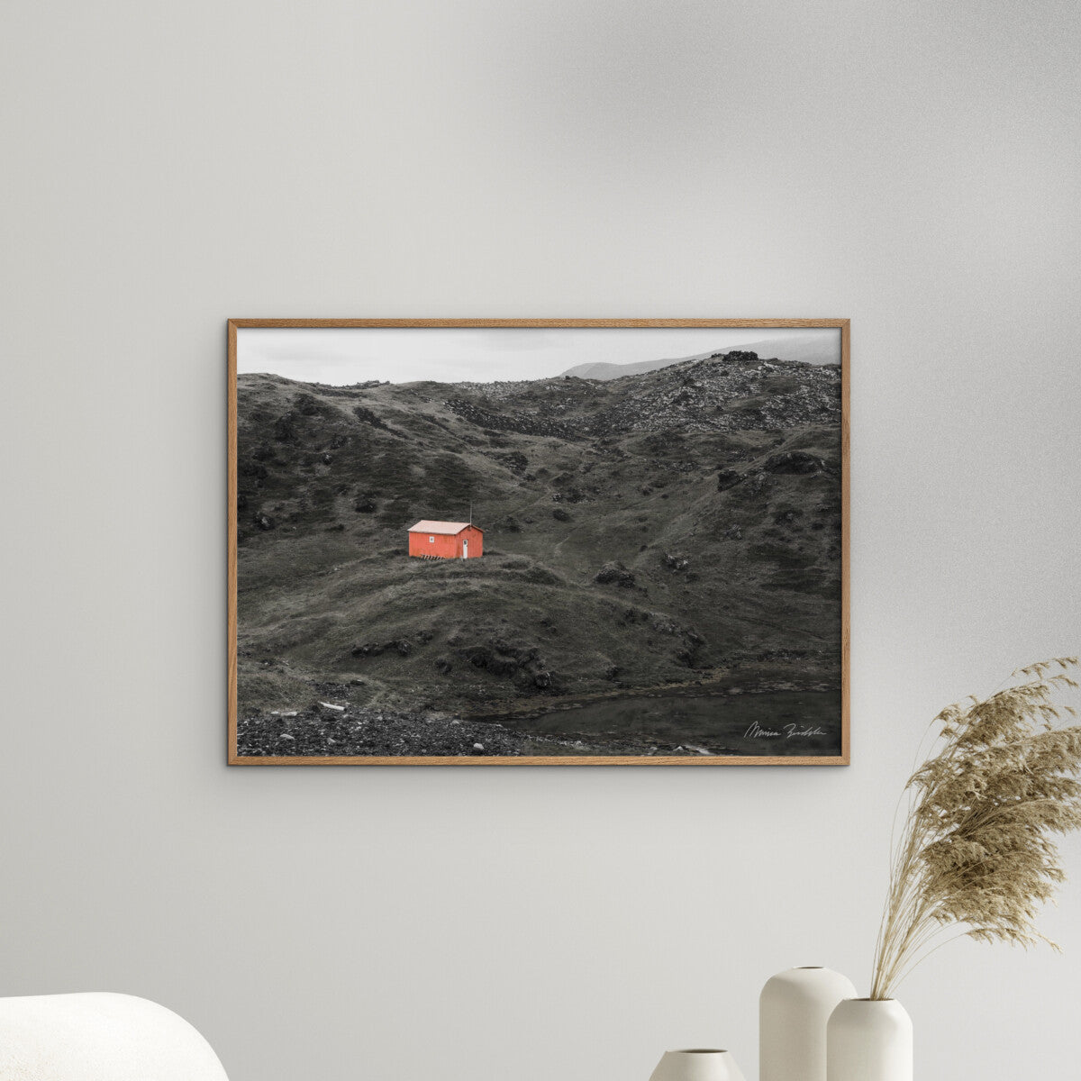 Poster & Frame The Orange House Poster by Monica Bindslev. 50 × 70 cm Scandinavian art print featuring bold orange house design. Rolled, unframed print.