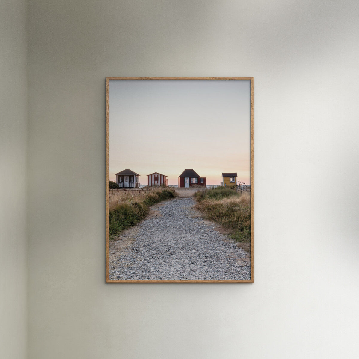 Foto Factory Strandhuse Poster, 50 × 70 cm photography print of Danish beach houses on the Nordic coast.