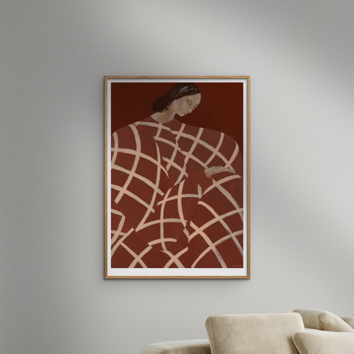 Waiting at Arts et Métiers Poster by Sofia Lind. 50 × 70 cm Scandinavian art print featuring a Paris metro scene with muted tones and seated figure.