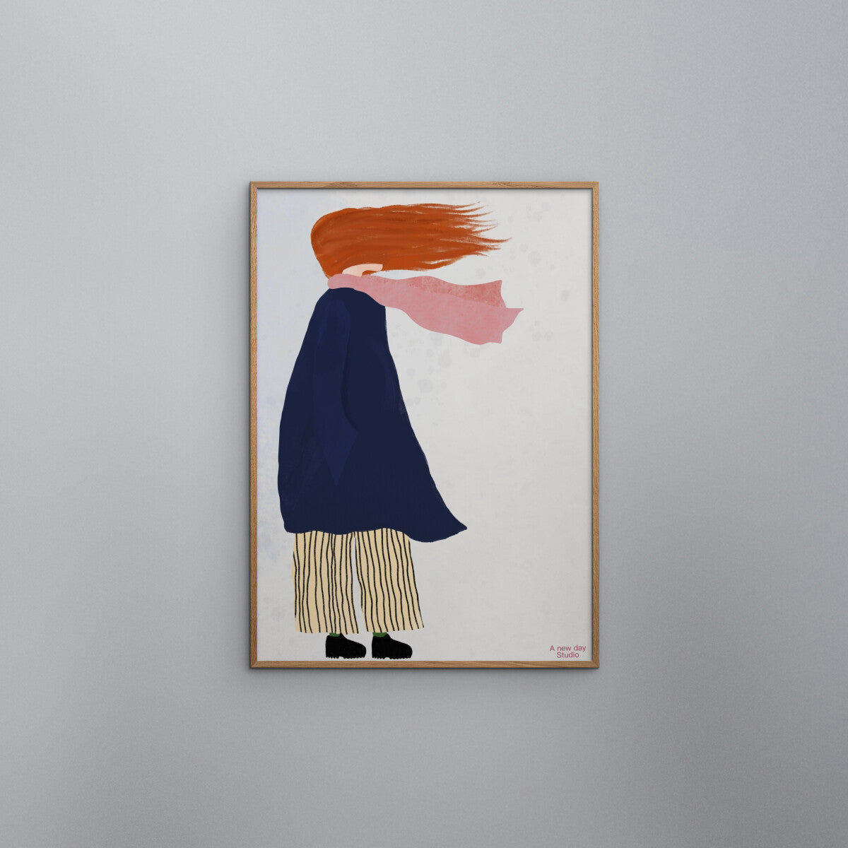 Poster & Frame Stormy Day Poster by A New Day Studio. 50 × 70 cm Scandinavian art print of windswept figure with coat, pink scarf, and striped trousers. Rolled, unframed print.