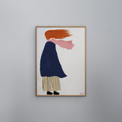 Poster & Frame Stormy Day Poster by A New Day Studio. 50 × 70 cm Scandinavian art print of windswept figure with coat, pink scarf, and striped trousers. Rolled, unframed print.