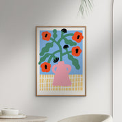 Madelen Möllard Red Poppies in Pink Vase, 50 × 70 cm Scandinavian art print of bold red poppies in a soft pink vase.