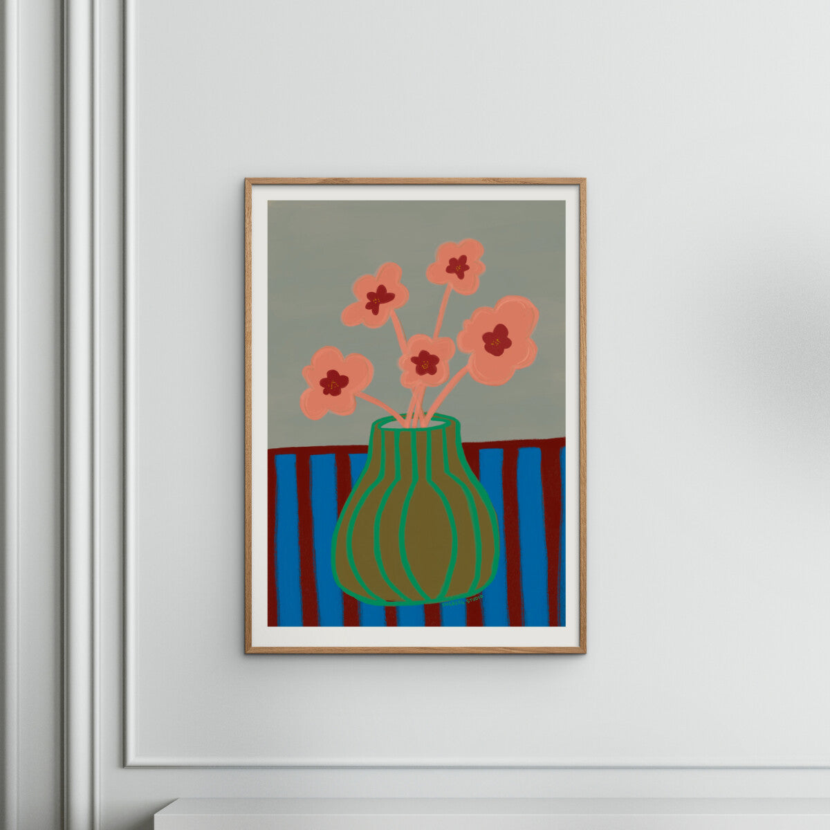 Poster & Frame Striped Vase with Pink Flowers Poster by Engberg Studio. 50 × 70 cm Scandinavian art print of bold striped vase topped with playful pink flowers.