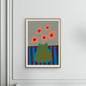 Poster & Frame Striped Vase with Pink Flowers Poster by Engberg Studio. 50 × 70 cm Scandinavian art print of bold striped vase topped with playful pink flowers.