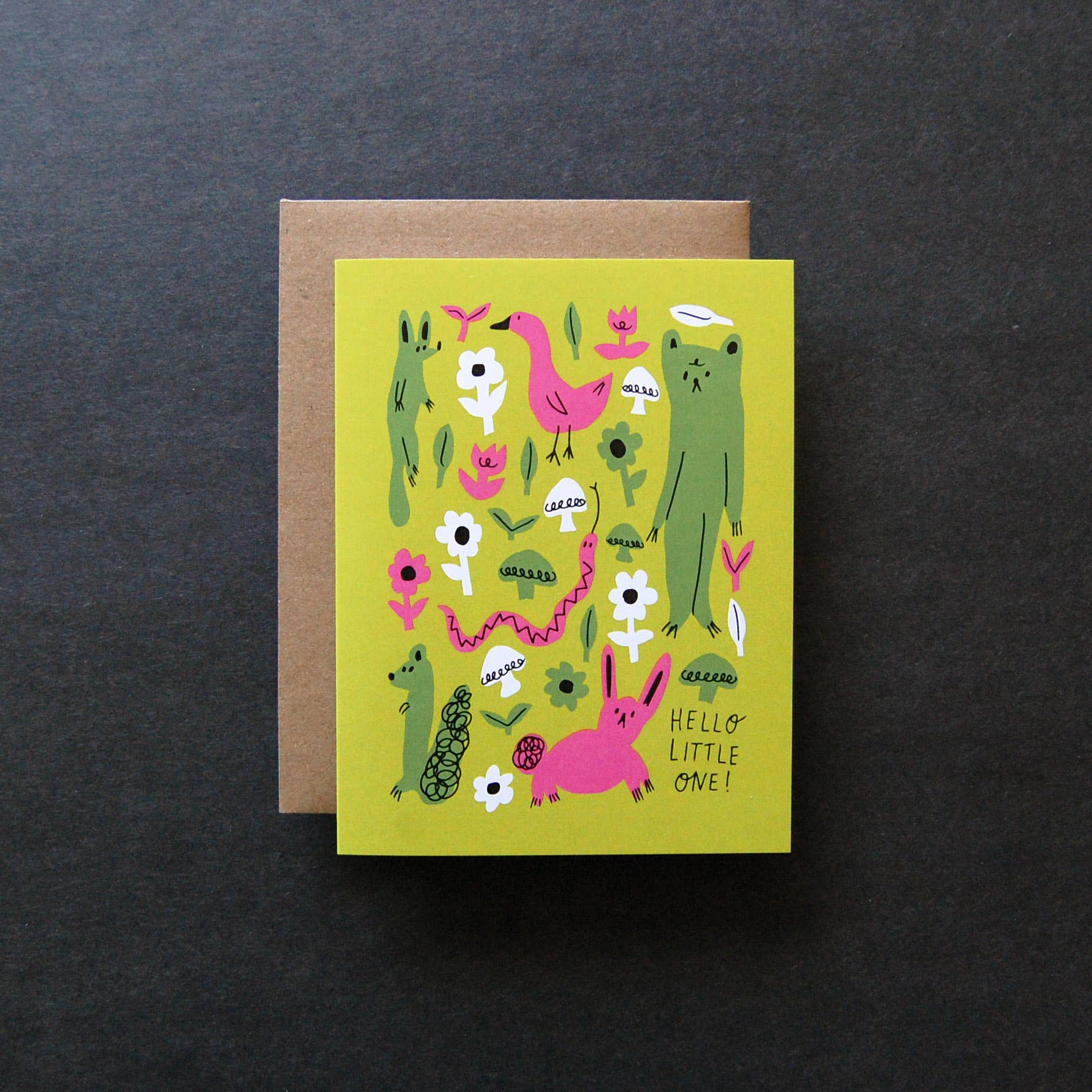 Badger & Burke Little Critters Card featuring whimsical illustrated animals and flowers in pink, green, and white on a lime green background with “Hello Little One!” text.