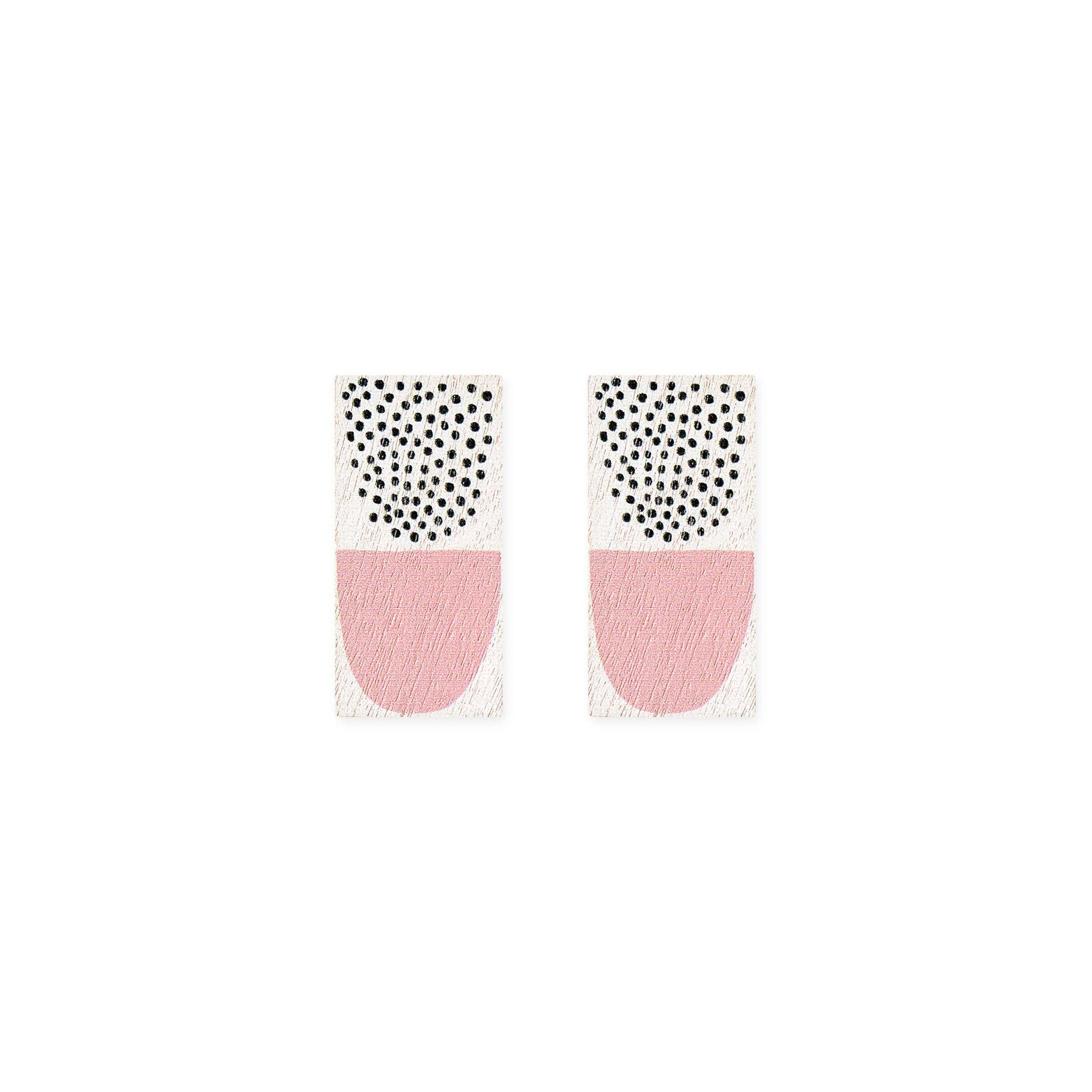 Kauniste Sokeri Big Earrings in pink and black polka-dot birch veneer, handmade in Finland.