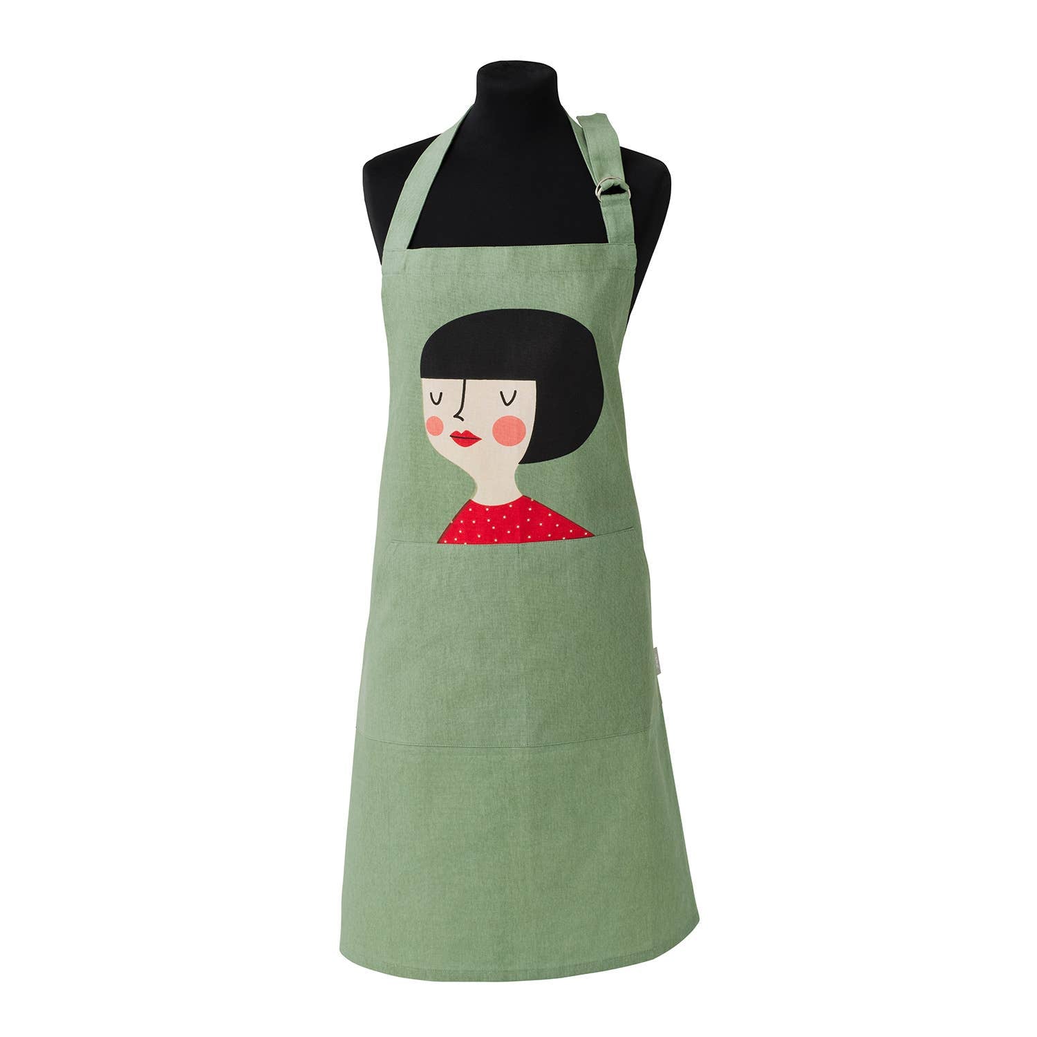Kerstin Kompisförkläde Apron by Spira of Sweden. Hand-printed cotton apron featuring Kerstin, the dahlia-dreaming flower lover. Gift-boxed, machine washable, OEKO-TEX® certified, 29.5" × 32.5", made in Sweden.