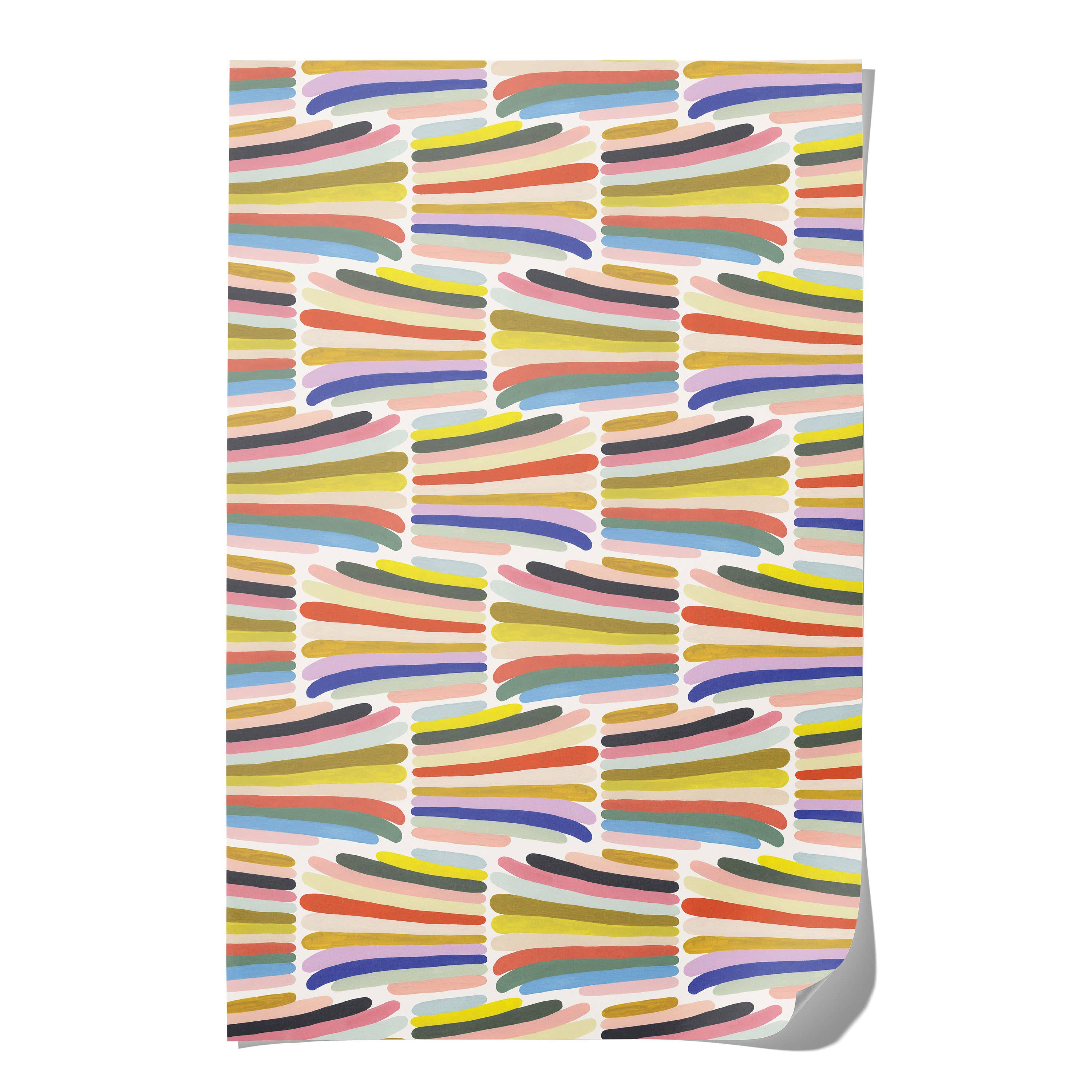 Red Cap Cards Rainbow Stripes Wrapping Paper, illustrated by Kate Pugsley. Bright rainbow gift wrap, recycled paper set of 3 rolled sheets, 19 × 27 inches.