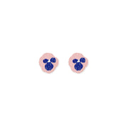 Kauniste Orvokki Earrings in blue and pink floral birch veneer, handmade in Finland with stainless steel posts.