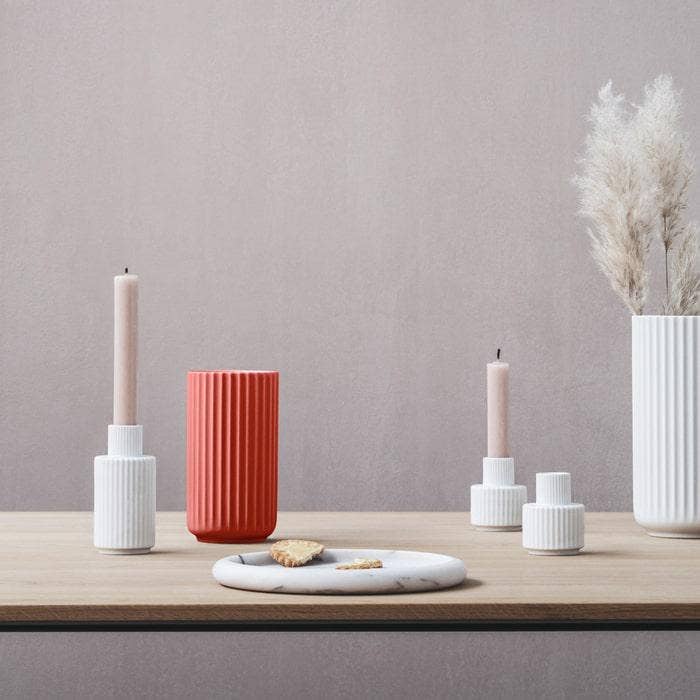 Lyngby Porcelæn Grooved H15.5 red porcelain vase with vertical grooves by Karakter Copenhagen, 6.1 inches tall.
