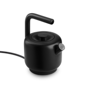 Fellow Clyde Electric Kettle in matte black stainless steel with wide mesh spout and silicone handle.