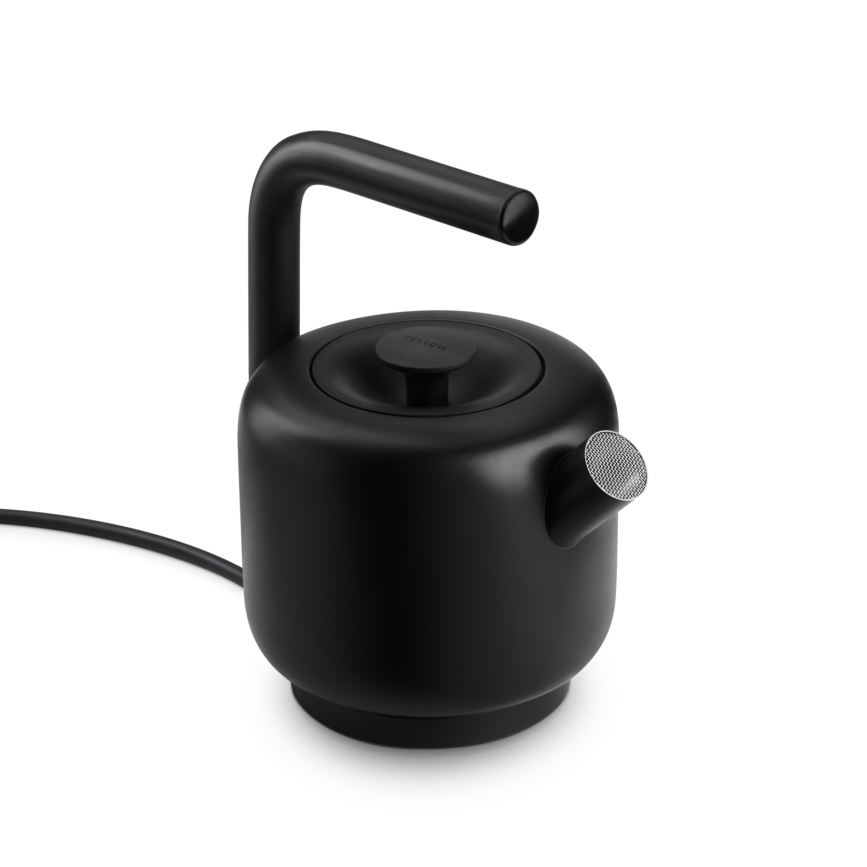 Fellow Clyde Electric Kettle in matte black stainless steel with wide mesh spout and silicone handle.