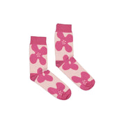 Kauniste Lämpö Flower Socks in pink floral pattern, soft cotton blend, knitted in the EU.