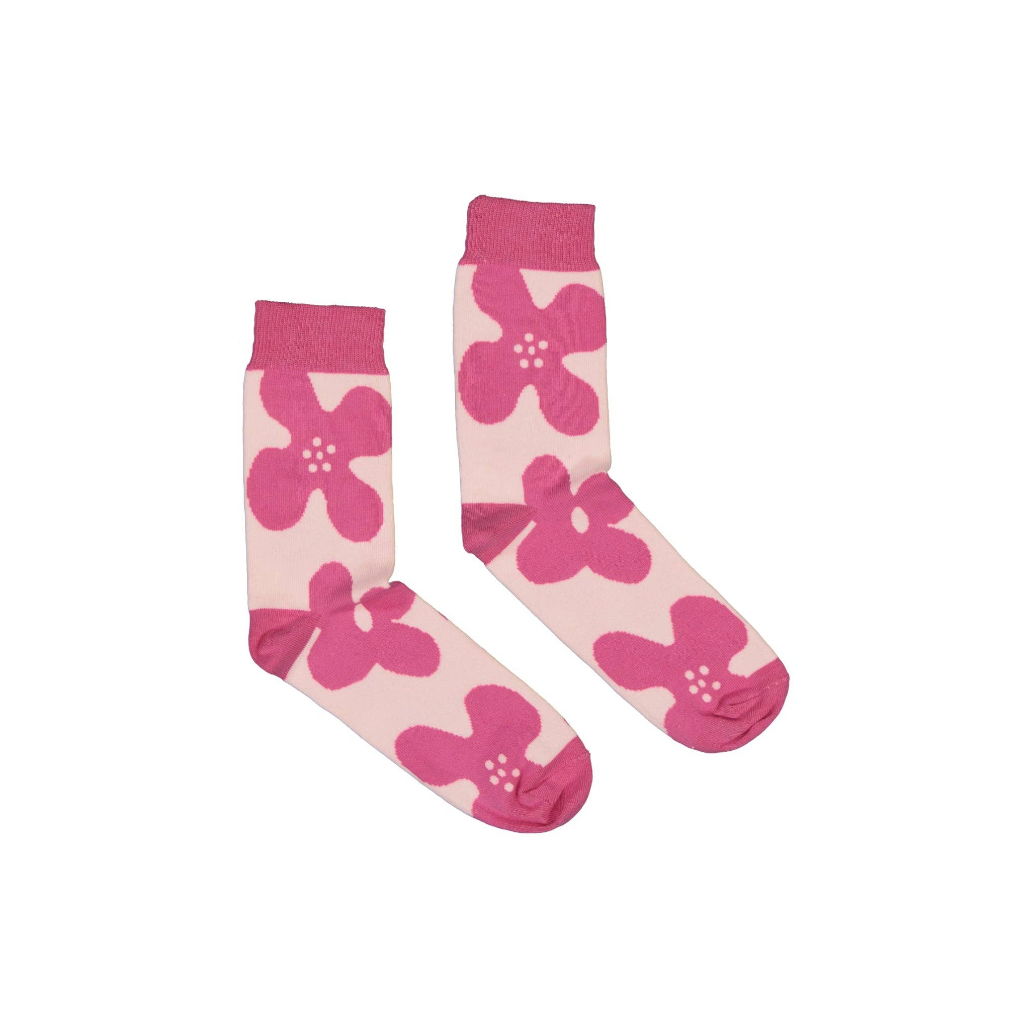Kauniste Lämpö Flower Socks in pink floral pattern, soft cotton blend, knitted in the EU.