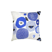 Blue floral and bird-pattern linen-cotton cushion cover by Matti Pikkujämsä, 18.5" square.
