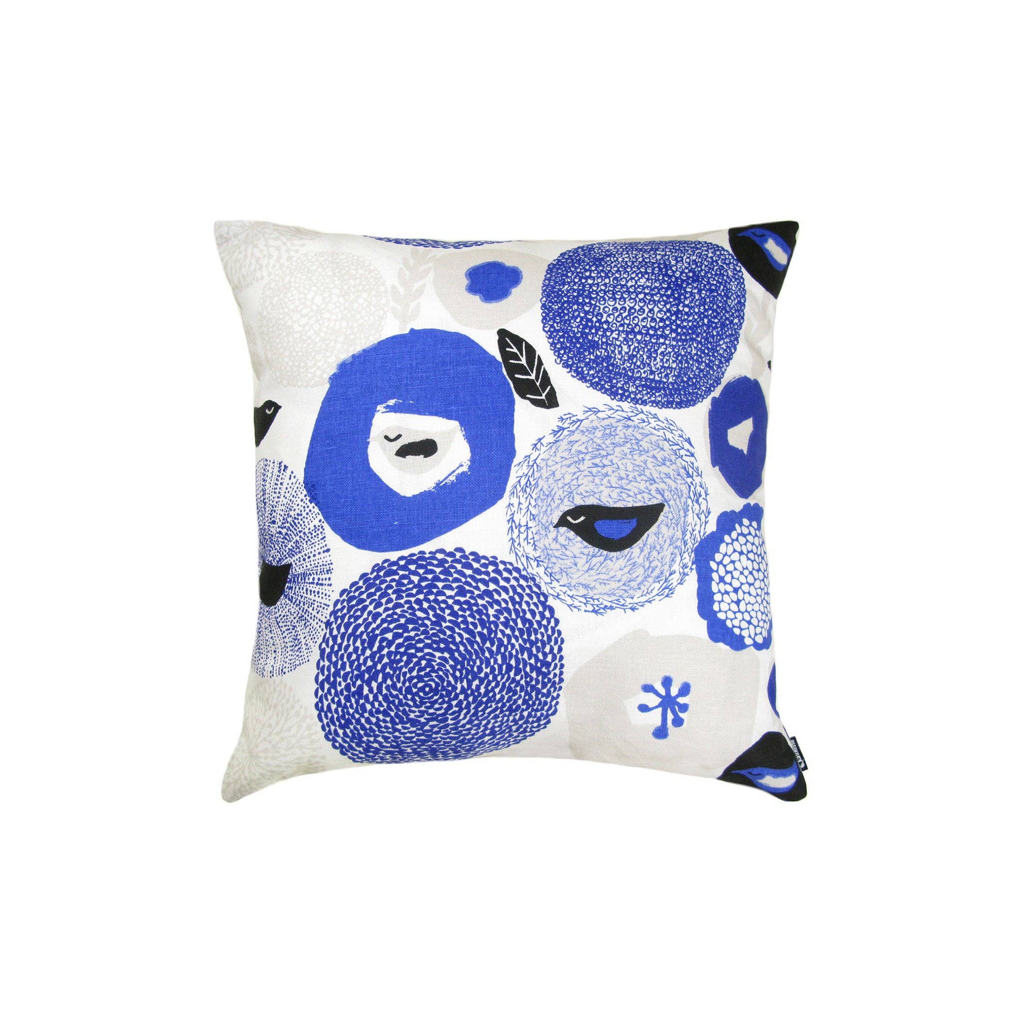 Blue floral and bird-pattern linen-cotton cushion cover by Matti Pikkujämsä, 18.5" square.