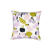 Olive green fruit-pattern linen-cotton cushion cover by Hannele Äijälä, 18.5" square.