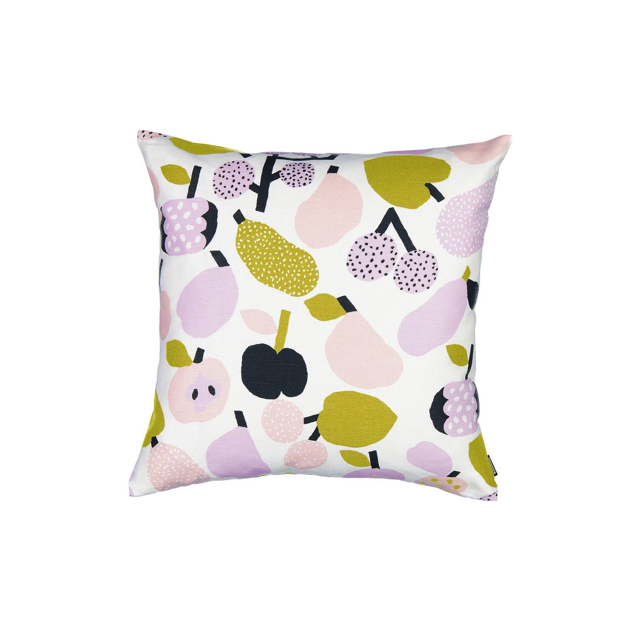 Olive green fruit-pattern linen-cotton cushion cover by Hannele Äijälä, 18.5" square.