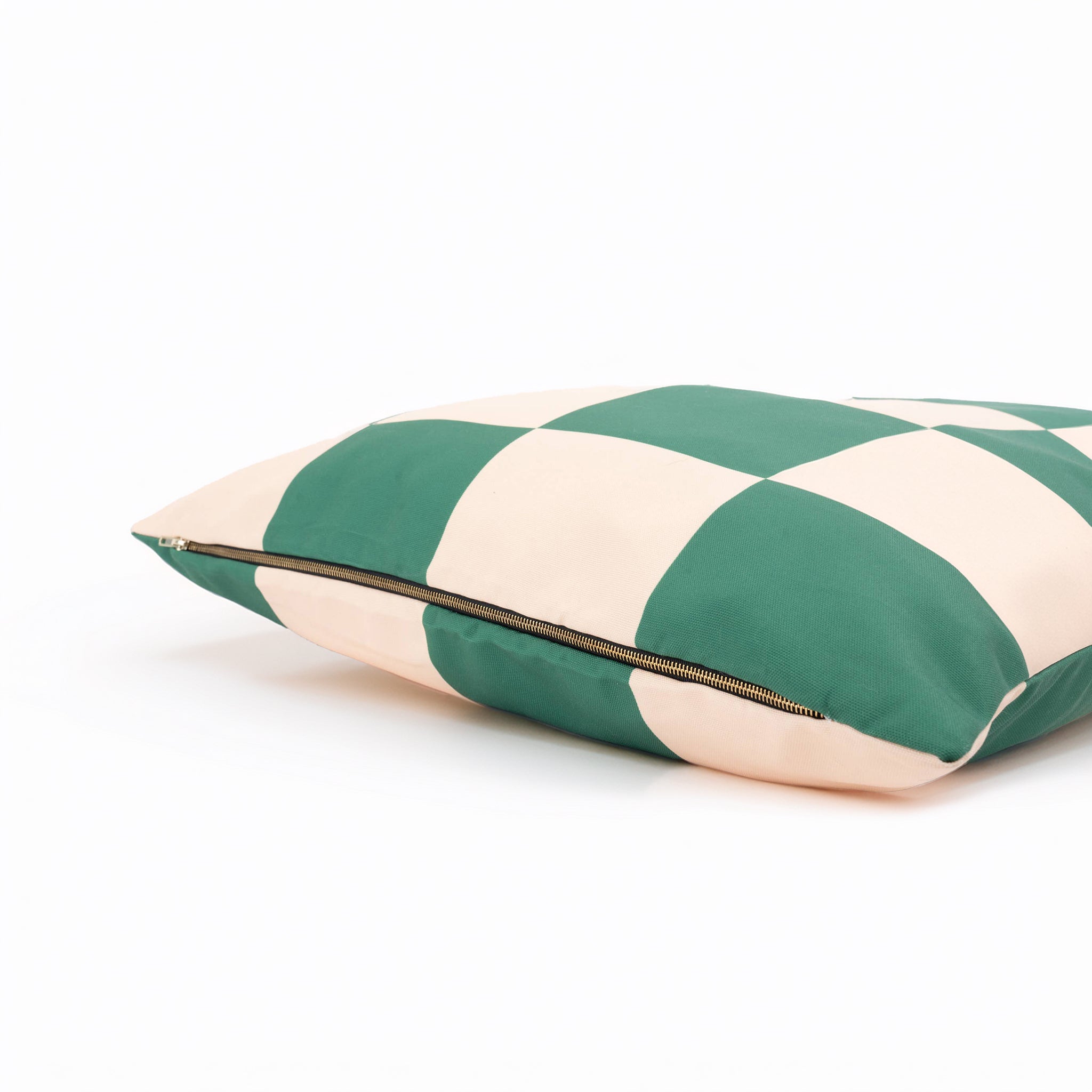 Eco-friendly modern dog bed in checkered pattern, made from Better Cotton™ canvas with recycled PET fill.