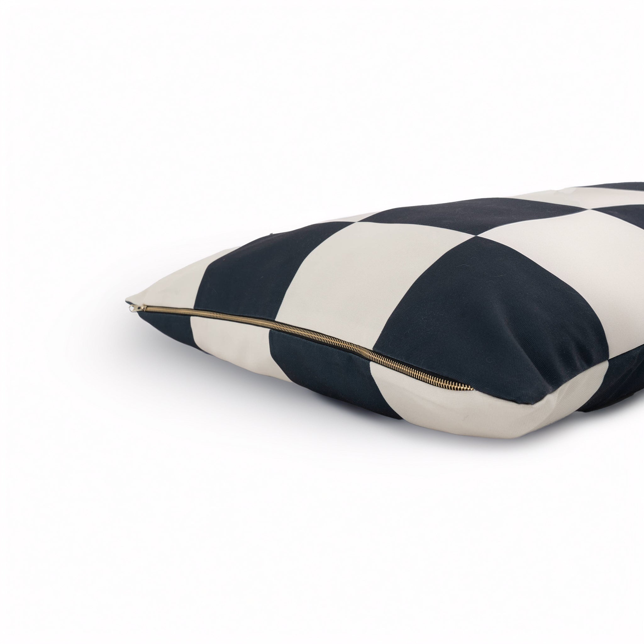 Eco-friendly modern dog bed in checkered pattern, made from Better Cotton™ canvas with recycled PET fill.