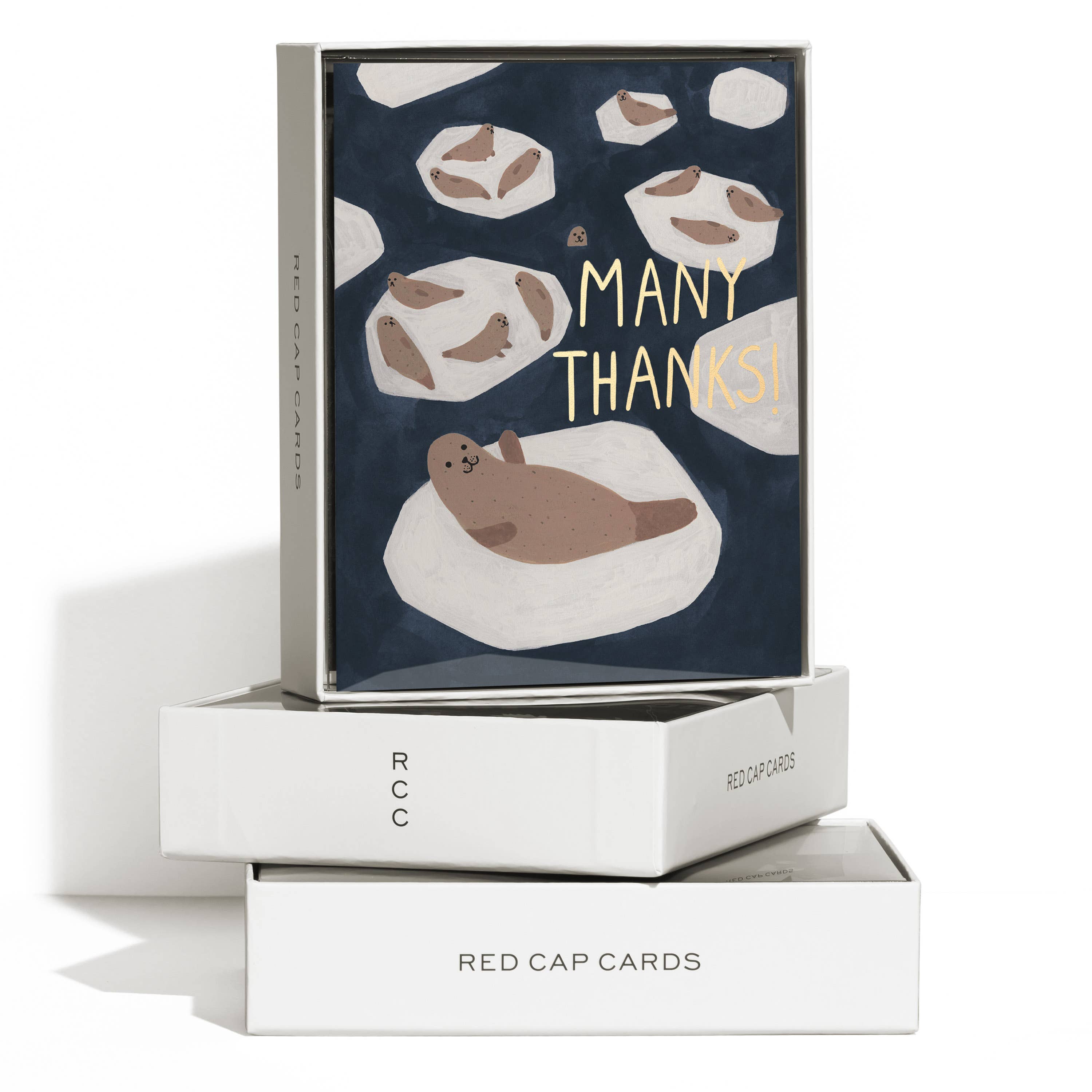 Red Cap Cards Many Thanks Seal Greeting Card, illustrated by Kate Pugsley. Seal illustration with foil accents on recycled card stock, 4.25 × 5.5 inches, blank inside.