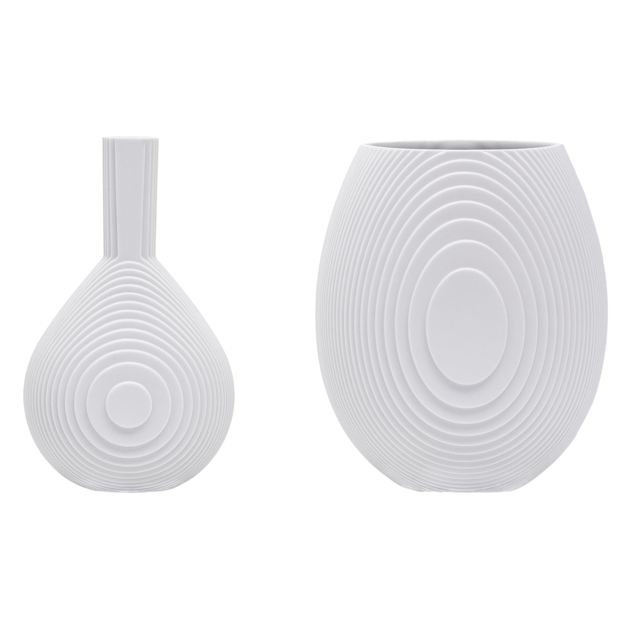 Architectmade Flow Vases in white porcelain, designed by Vibeke Rytter. Inspired by water ripples and Copenhagen’s Grundtvig’s Church.