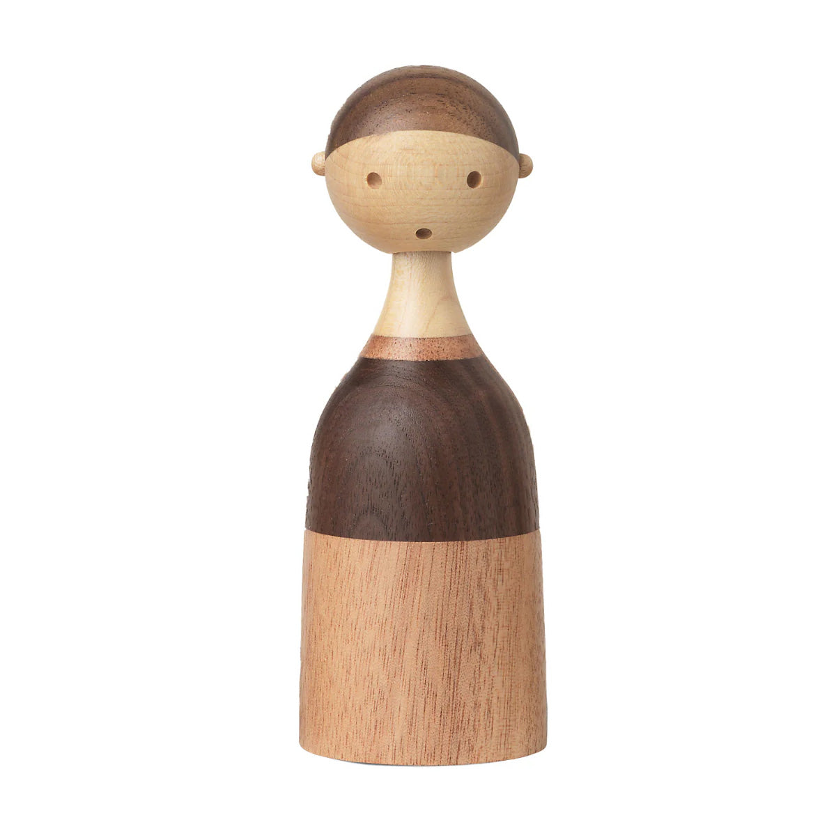 Architectmade Kin figurines by Lars Beller Fjetland, handmade in walnut, mahogany, and maple with tilting heads, shown in a mix-and-match constellation.