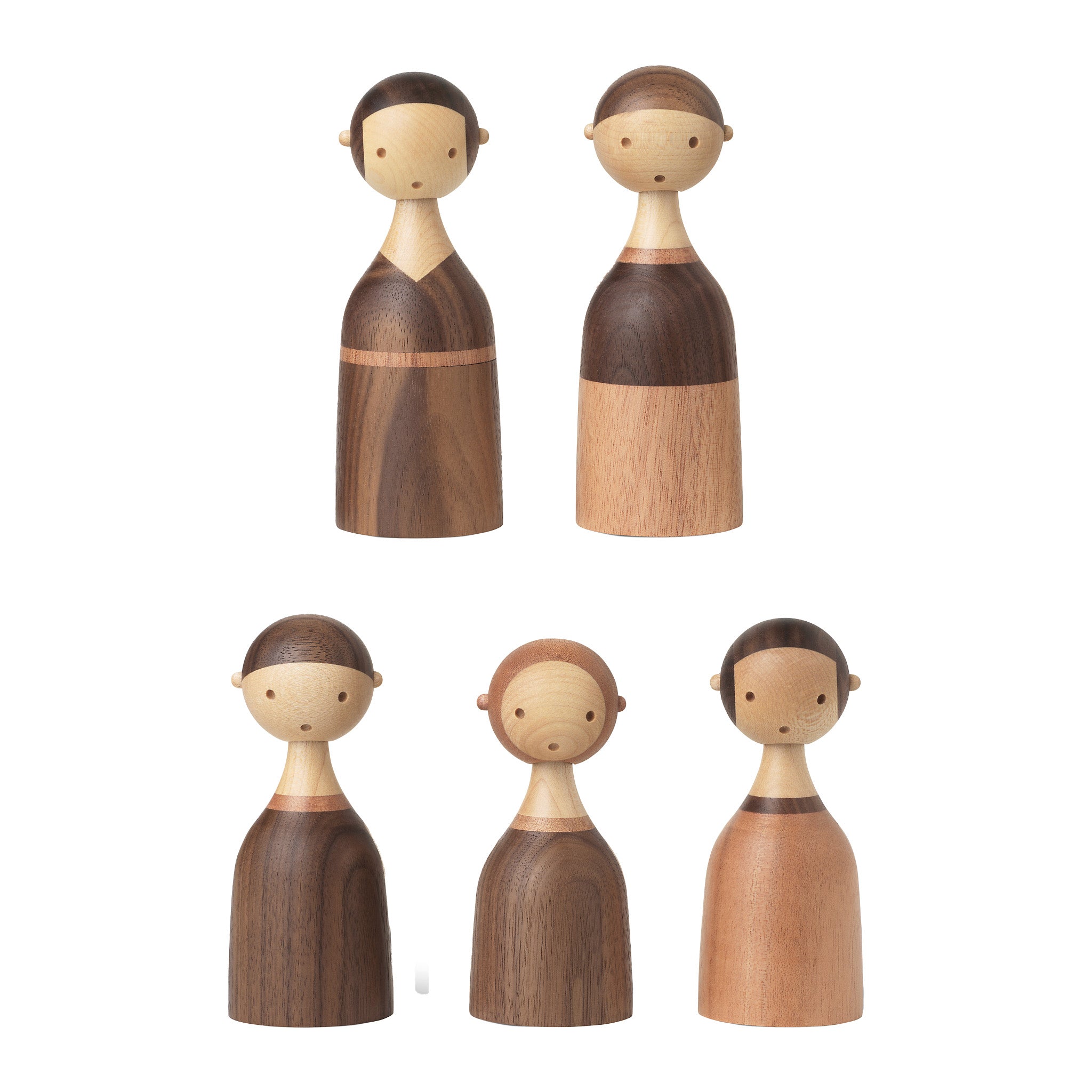 Architectmade Kin figurines by Lars Beller Fjetland, handmade in walnut, mahogany, and maple with tilting heads, shown in a mix-and-match constellation.