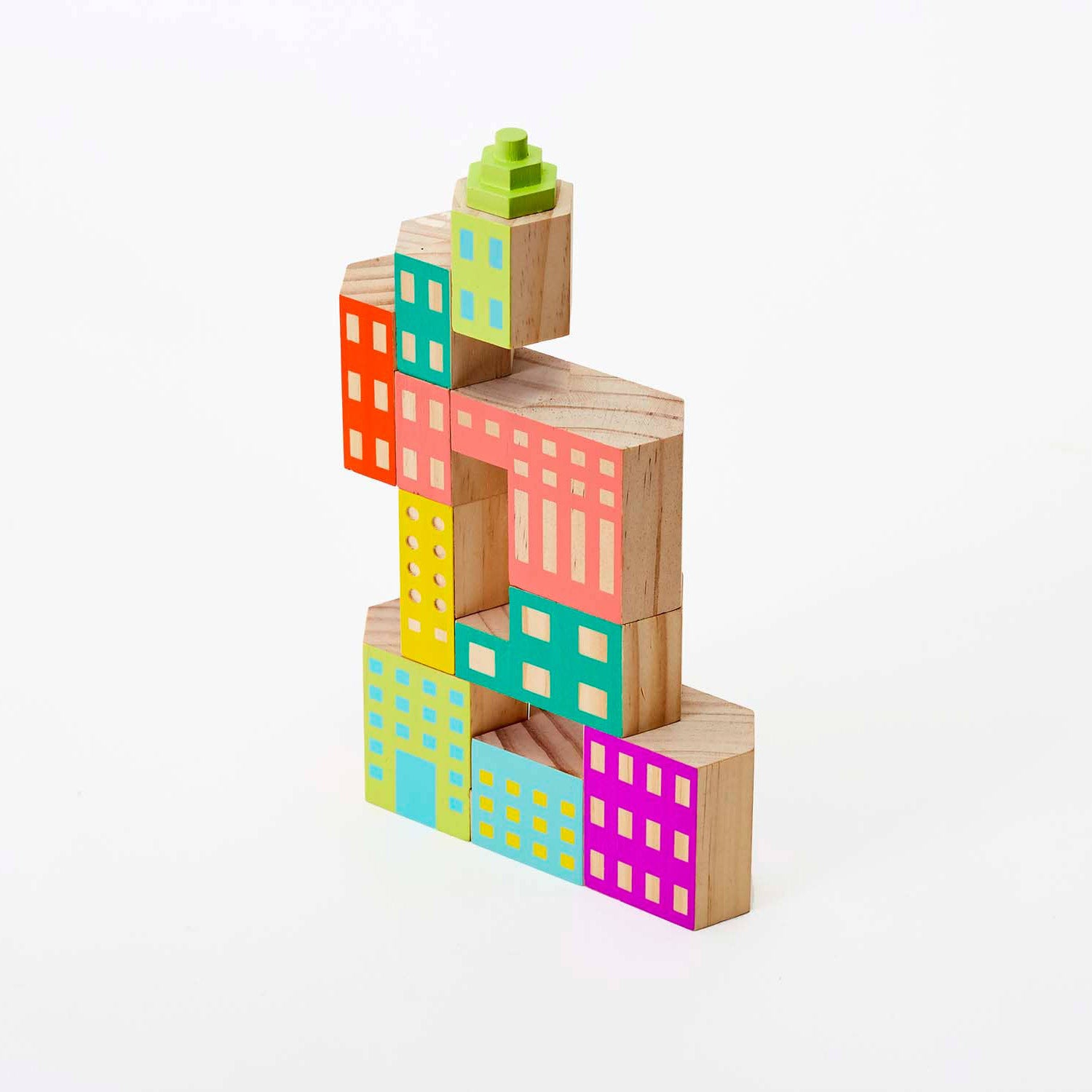 Areaware Blockitecture Deco wooden block set in post-modern colors (pink, teal, yellow, green, orange).