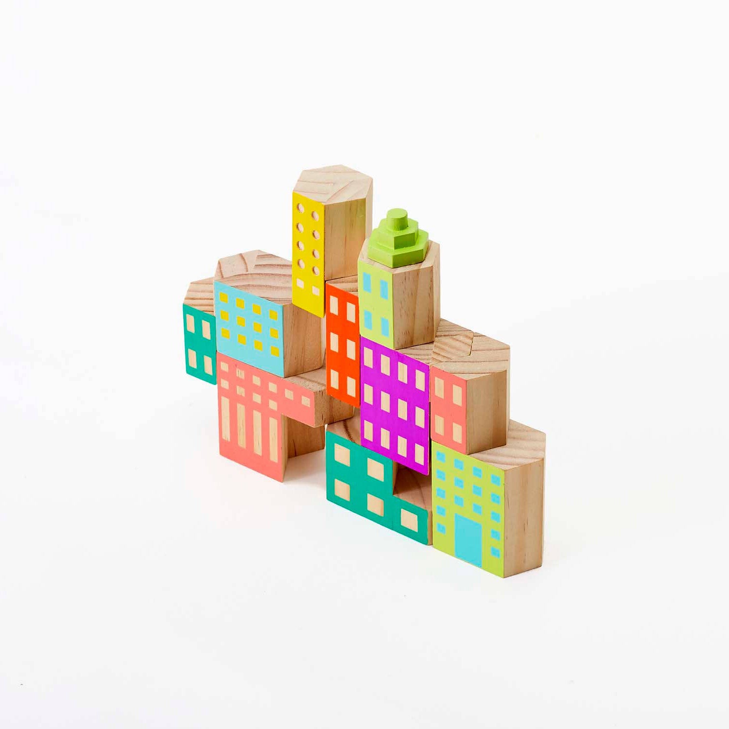 Areaware Blockitecture Deco wooden block set in post-modern colors (pink, teal, yellow, green, orange).