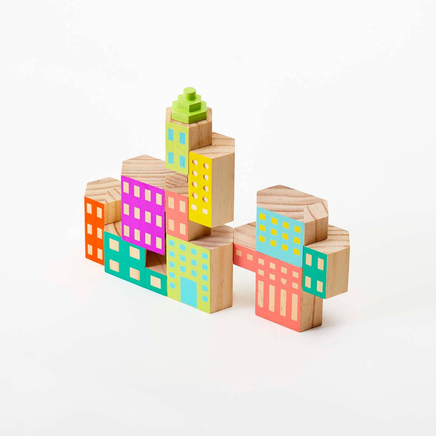 Areaware Blockitecture Deco wooden block set in post-modern colors (pink, teal, yellow, green, orange).
