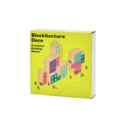 Areaware Blockitecture Deco wooden block set in post-modern colors (pink, teal, yellow, green, orange).