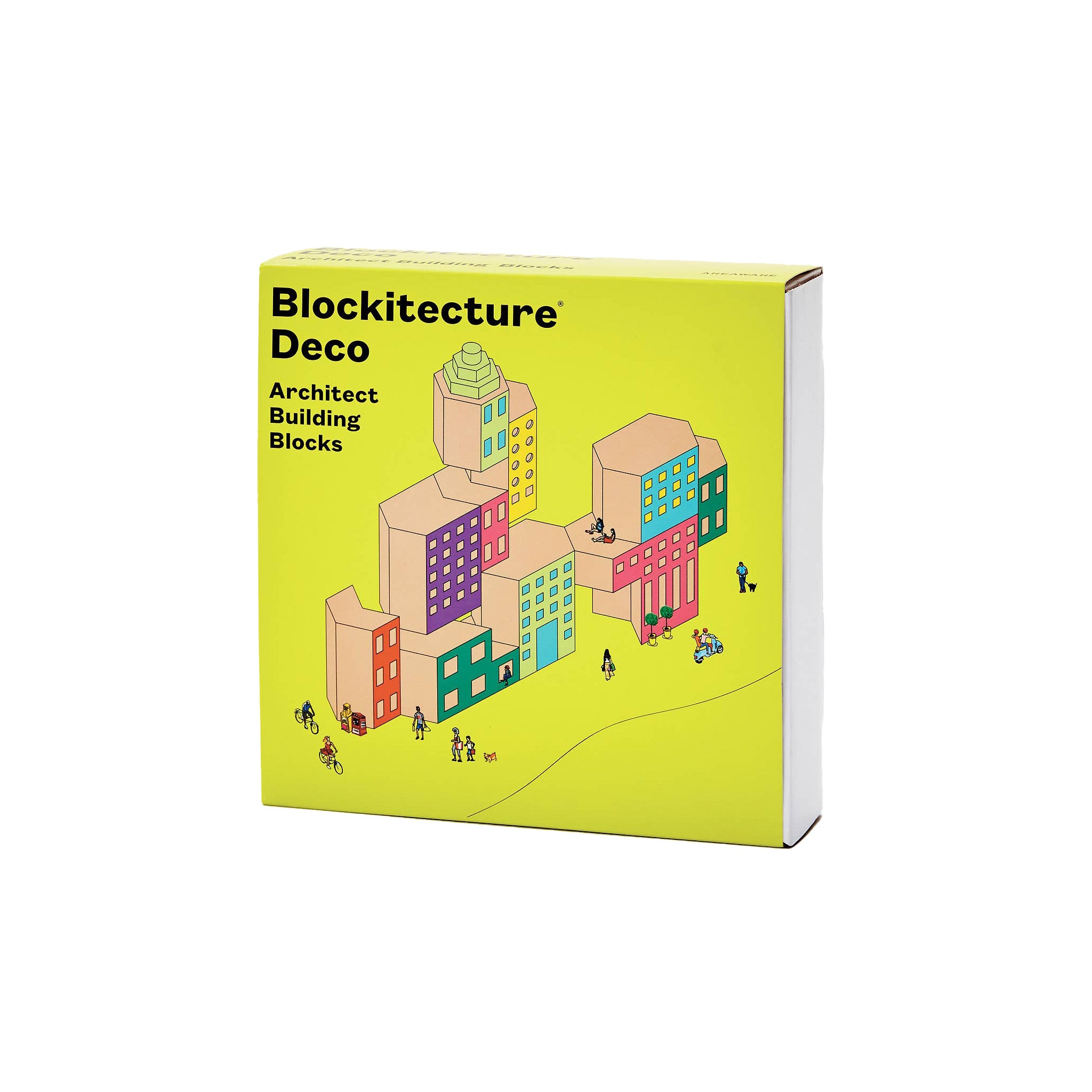Areaware Blockitecture Deco wooden block set in post-modern colors (pink, teal, yellow, green, orange).
