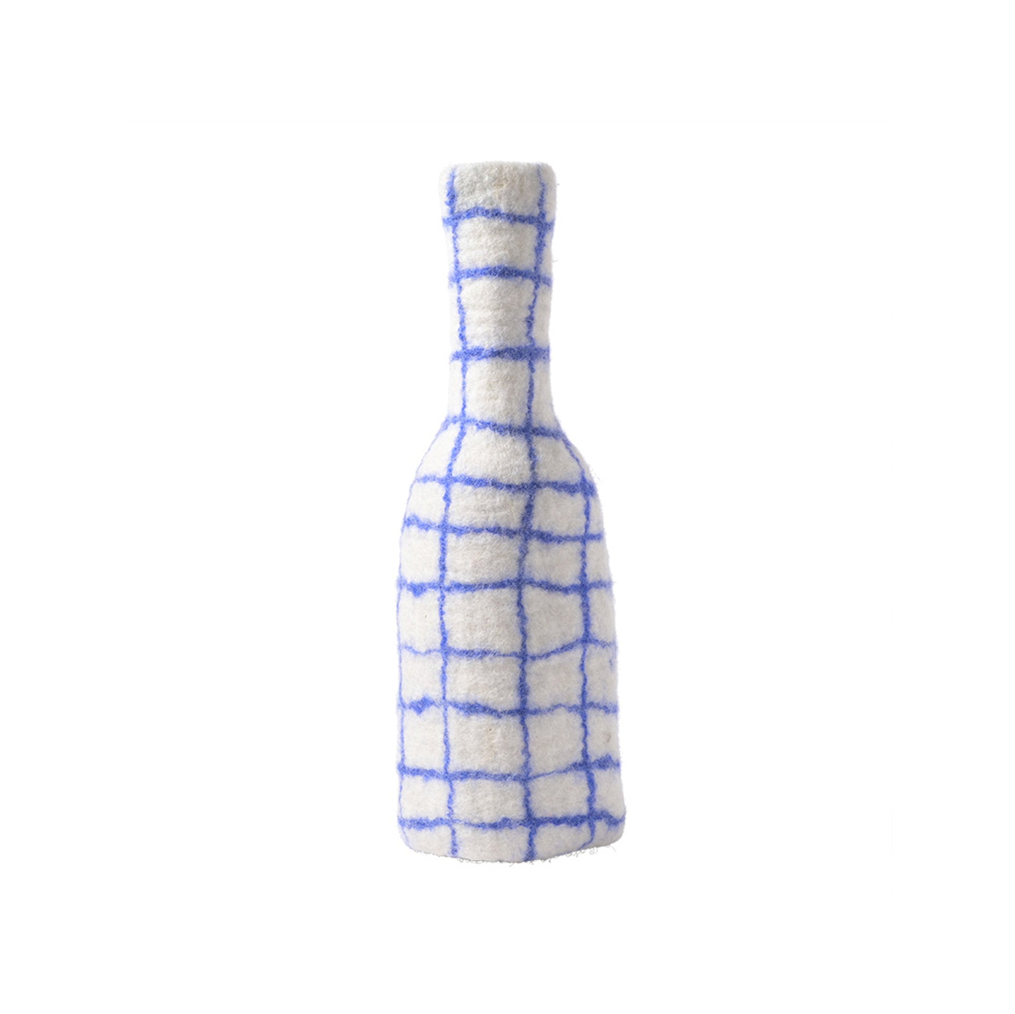 Aveva Design Bottle-Vase Cover in blue checked 100% wool, handmade in Nepal. Colorful felted sleeve that dresses up bottles or vases with cheeky Nordic flair.