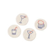 Set of 4 Aveva Design Cocktail Coasters in 100% wool, embroidered with beer, martini, and cocktail glass motifs. Designed in Sweden, handmade in Nepal.