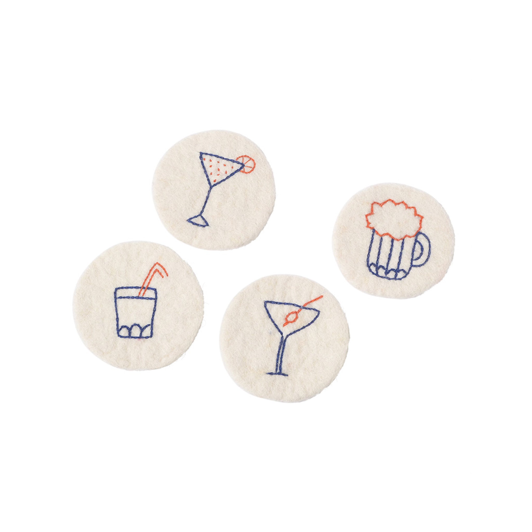 Set of 4 Aveva Design Cocktail Coasters in 100% wool, embroidered with beer, martini, and cocktail glass motifs. Designed in Sweden, handmade in Nepal.