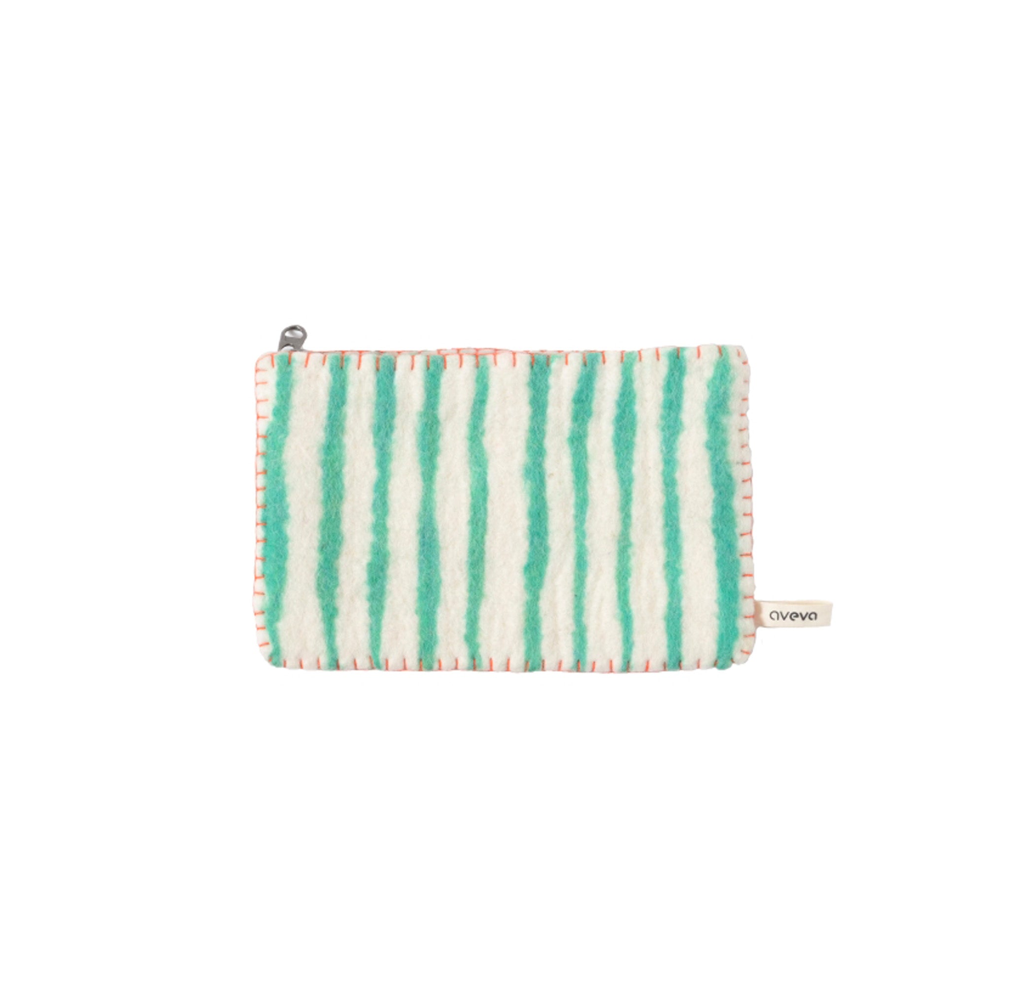 Aveva Design “Just in Case” pouch, handmade from 100% wool. Available in Joy Objects embroidery or green striped design, with zipper closure.